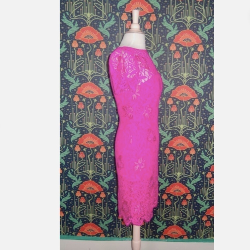 Lela Rose Hot Bright Pink Guipure Lace Shirt Sleeve Pencil Cocktail Dress 2 - Picture 5 of 6